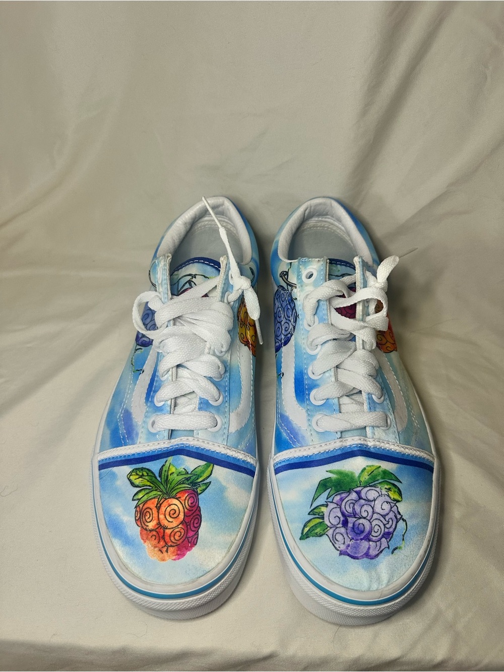 NWOT Vans Light Blue Low-Top Sneakers with Hand-Painted Fruit Motifs